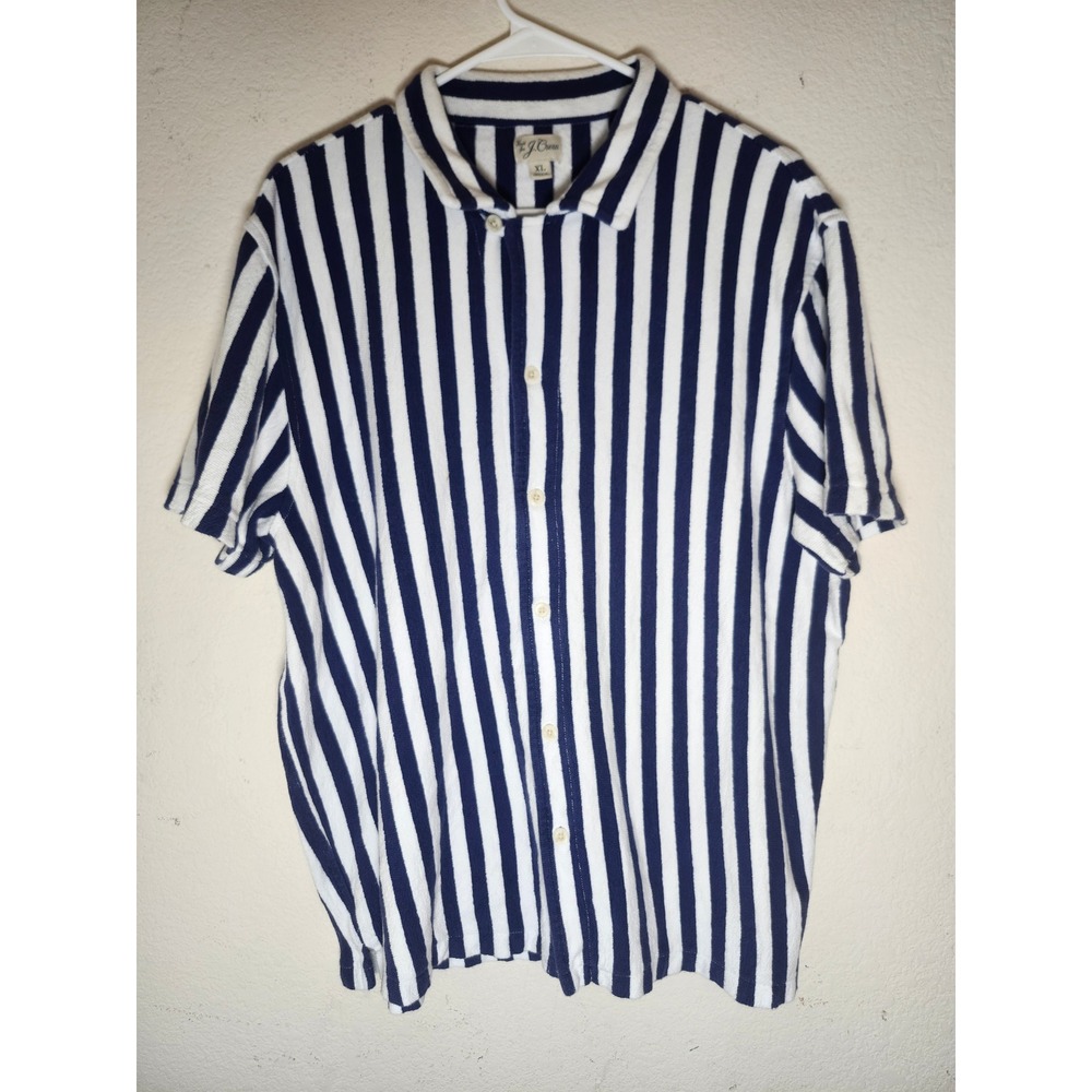 J.Crew Terry Cloth Shirt Mens XL Navy White Striped Button Down BY020